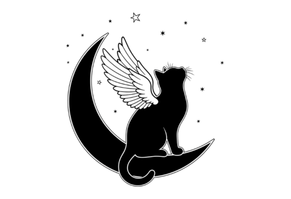 Black Cat Angel Moon Stars Silhouette