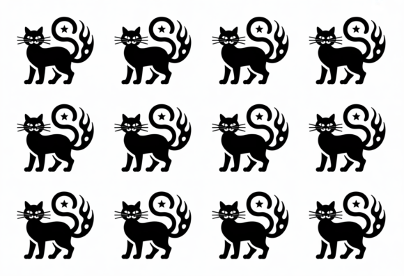 Black Cat Flame Tail Star Silhouette
