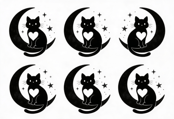 Black Cat Moon Heart Stars Silhouette