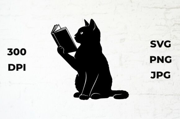 Black Cat Silhouette Reading a Book