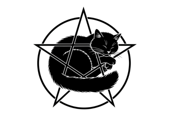 Black Cat Sleeping in Pentagram Wiccan