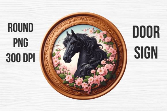 Black Horse Pink Roses Door Sign