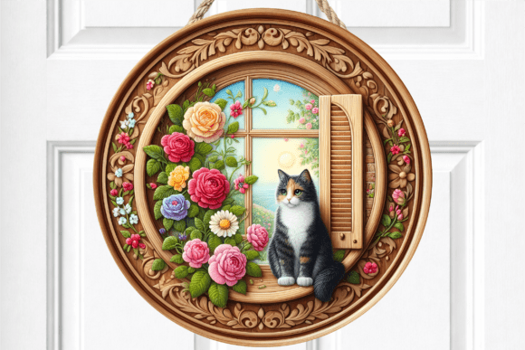 Calico Cat with Roses Garden Door Sign