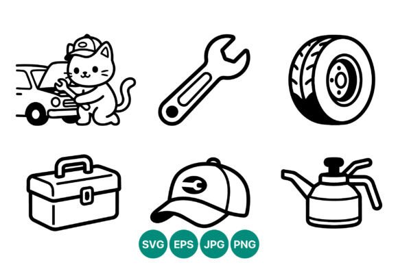 Cat Mechanic Car Repair Vector Icons