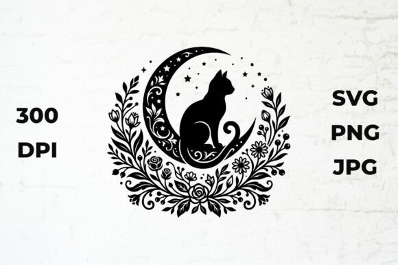 Cat Silhouette on Moon with Floral