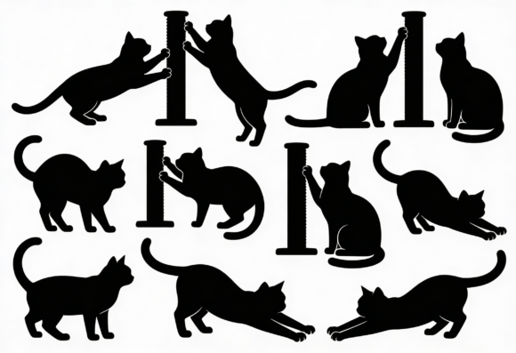Cats on Cat Scratching Post Silhouettes