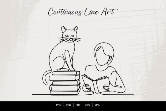Continuous Line Cat and Reader Art