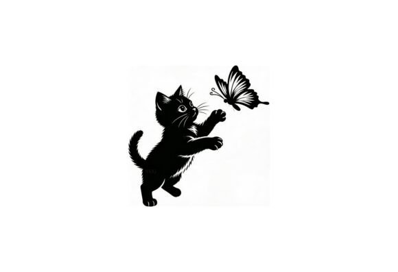 Cute Black Kitten Chasing Butterfly