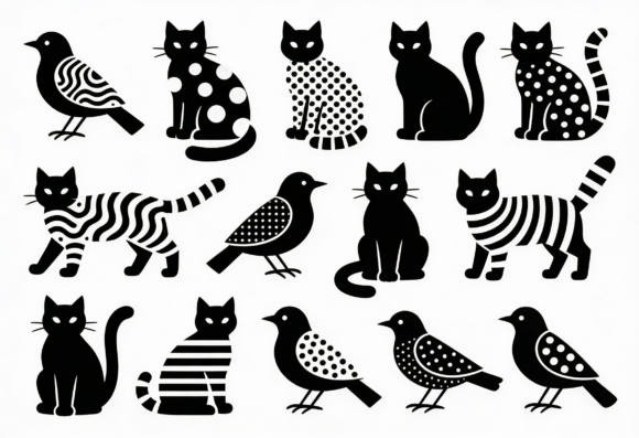 Cute Cat and Bird Black White Pattern