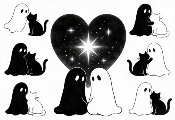 Cute Ghost Cat Duo Heart Starry Night