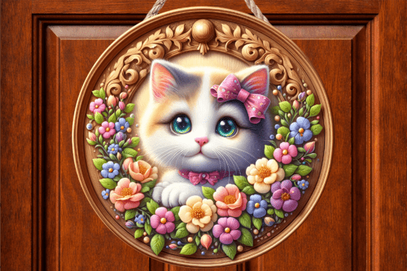 Cute Kitten Floral Bow Wood Door Sign