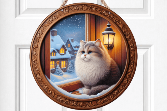 Fluffy Cat Winter Snow Scene Door Sign