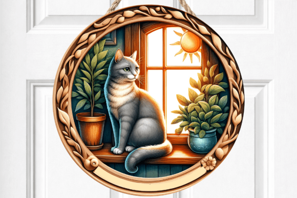 Grey Cat Sitting Sunny Window Door Sign