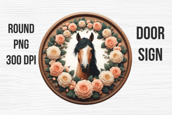 Horse Head Cream Peony Round Door Sign