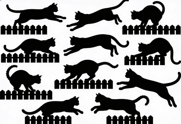 Jumping Cat Silhouettes Fence Clipart