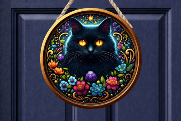 Mystical Black Cat Floral Door Sign