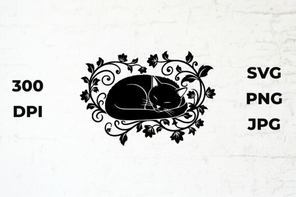 Sleeping Cat Silhouette with Floral Vine
