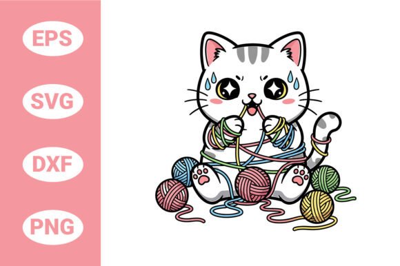 Tangled Cat Plays with Yarn Balls